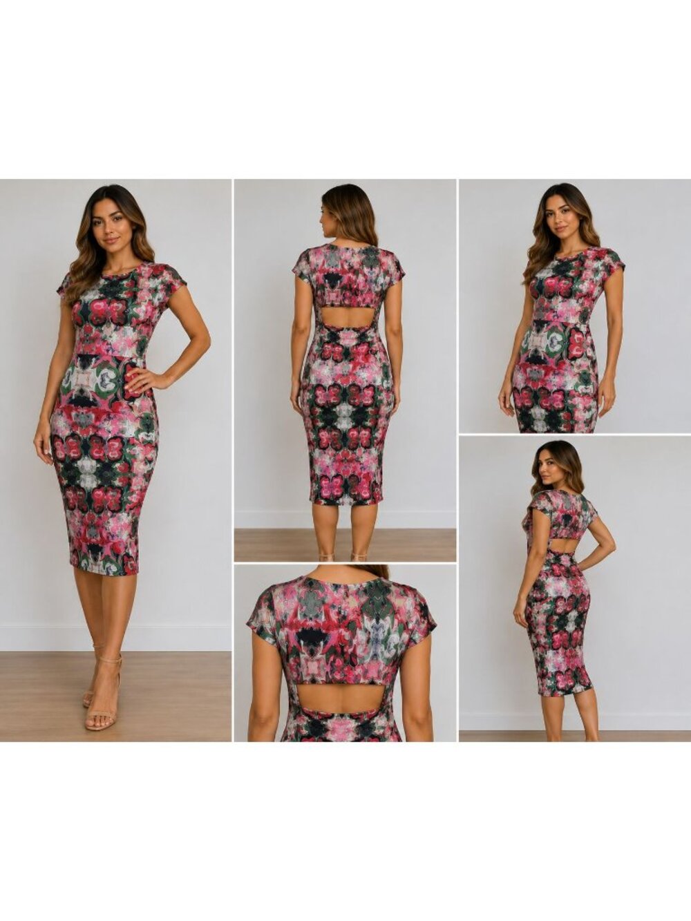 T-Bags Los Angeles Dress L Pink Abstract Psychedelic Open Back Stretch Midi - Picture 3 of 11